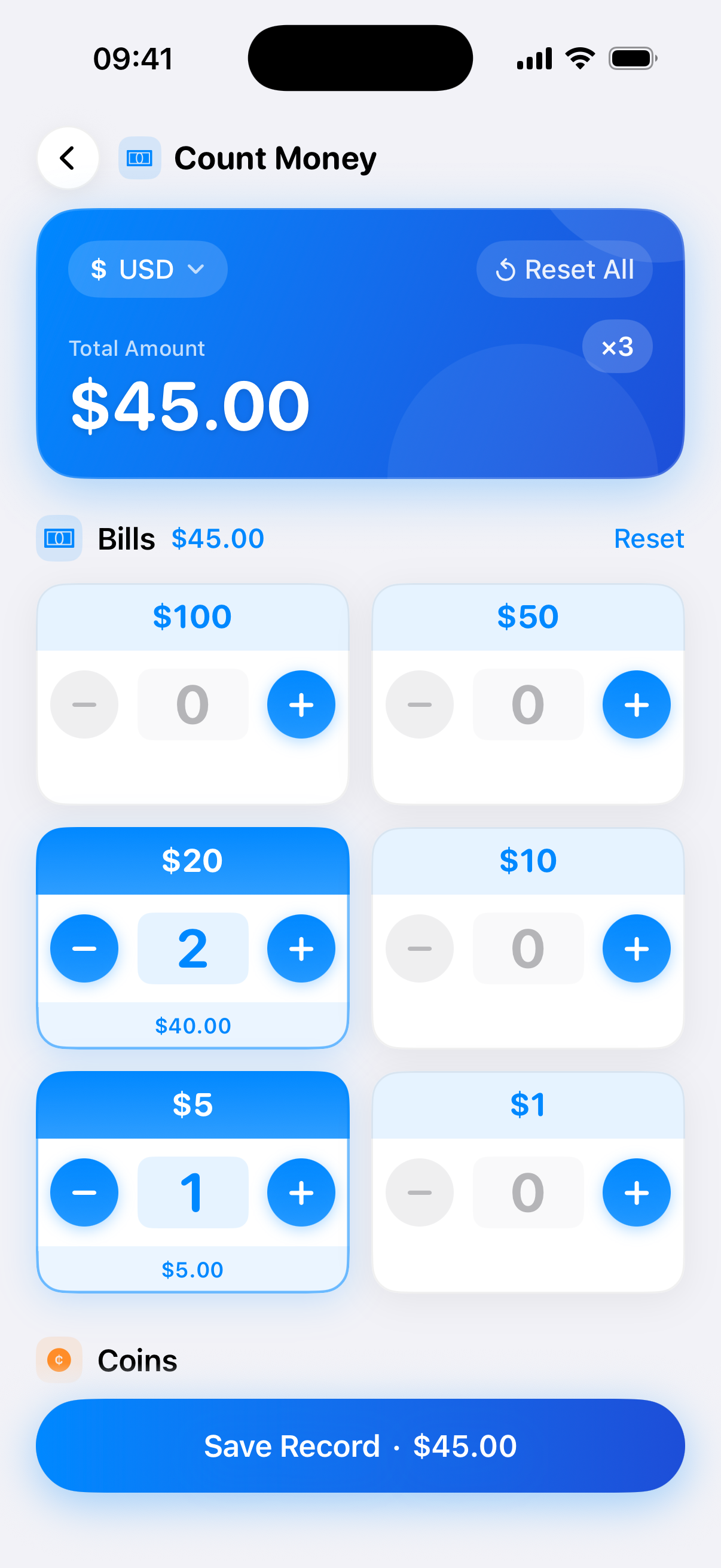 Money Counter bill and coin counting screen